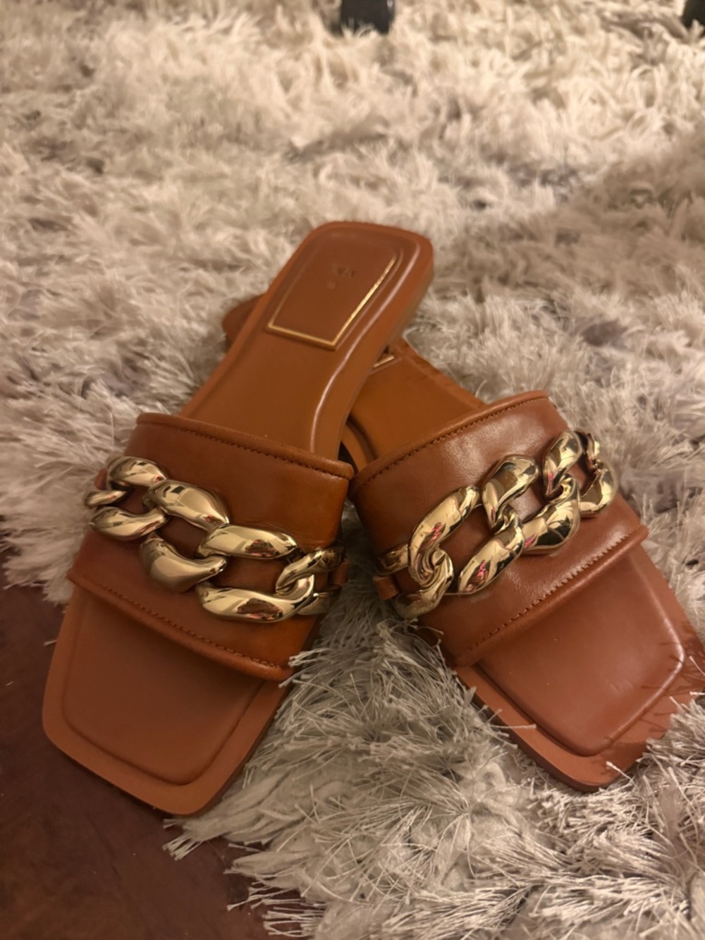 ZARA Tan Chain-Accent Slide Sandals